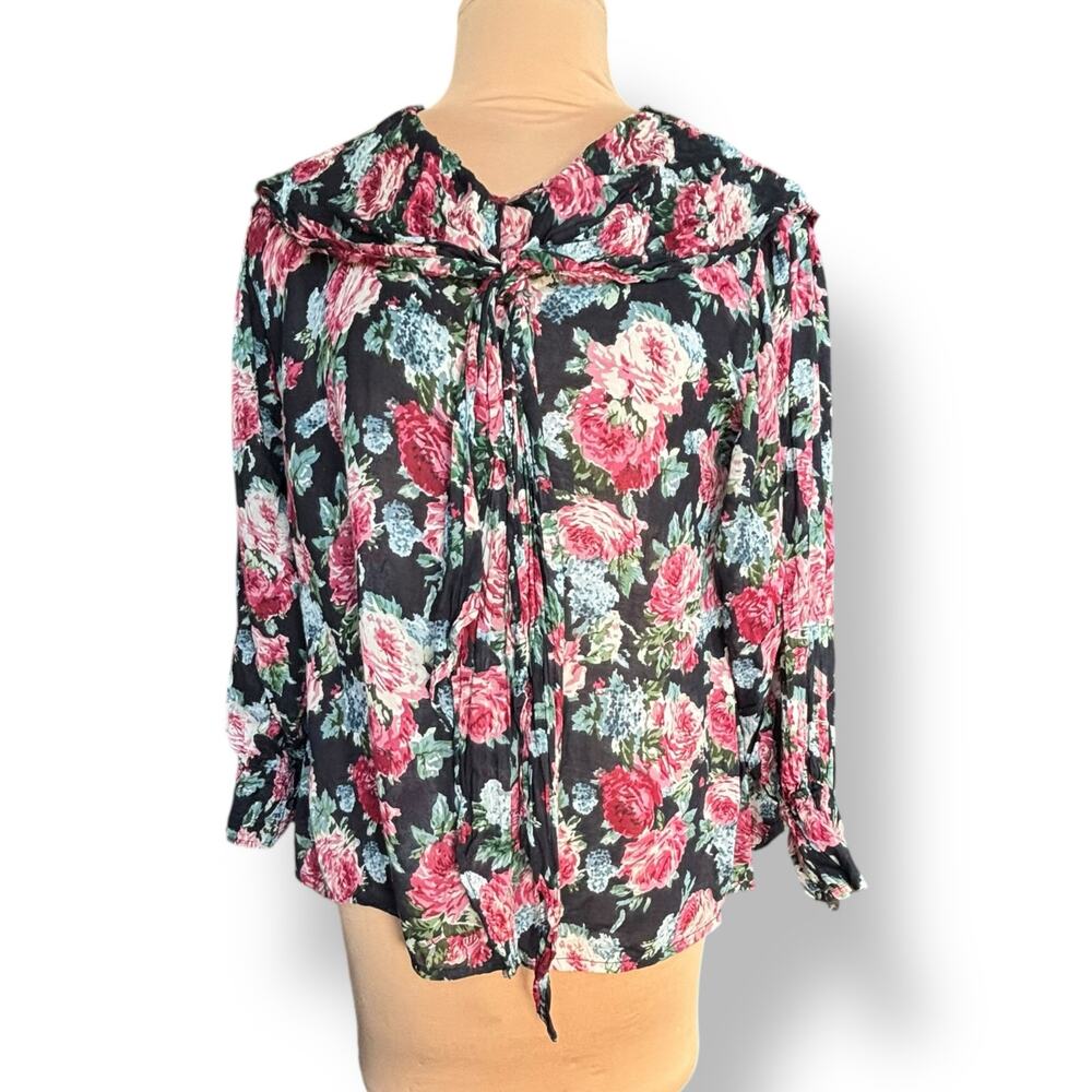Vintage 90s Black Pink Dark Floral Peasant Blouse Crinkle Tie Sheer Ruffle Large